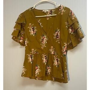 Madewell ruffle sleeved flowered blouse -Mustard Brown size 12